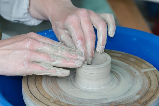 The potter engaged in manufacturing clay of products