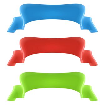 collection of 3D ribbon banners, in blue, red and green on isolated background.