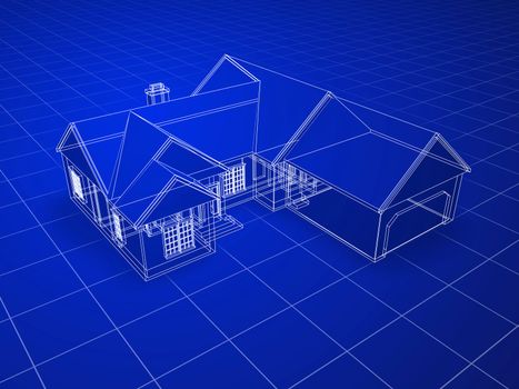 Blueprint style 3D rendered house. White outlines on blue background.