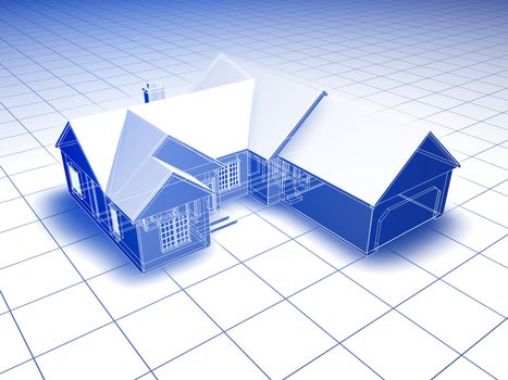 Blueprint style 3D rendered house. Blue shading on white background. 