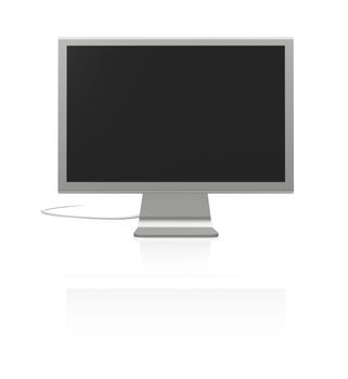 futuristic silver monitor with black screen on white background with reflection