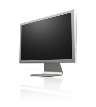 perspective view of futuristic silver monitor with black screen on white background with reflection