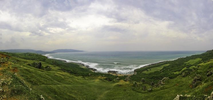 Scenic view downhill towards the ocean at Longpan Park, Taiwan