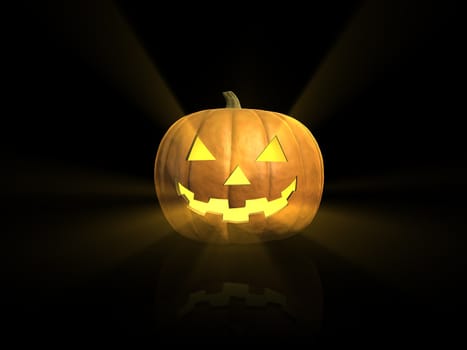 Jack-o-lantern pumpkin with rays of light coming out of its face isolated on black with reflection