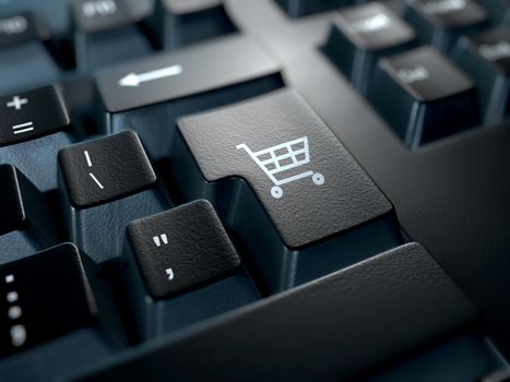 close-up of a keyboard with the enter key replaced with a shopping cart icon. E-commerce concept