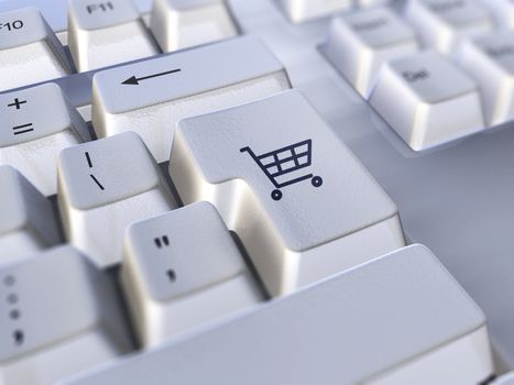 clsoe-up of keyboard with the enter key replaced with a shopping cart icon. E-commerce concept
