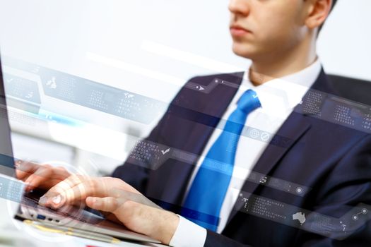 Business person working on computer against technology background