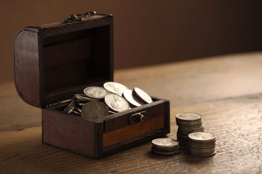 Treasure chest, old coins