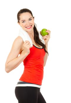 Young happy  beautiful fit woman holding an apple after exercise. Isolated on white.