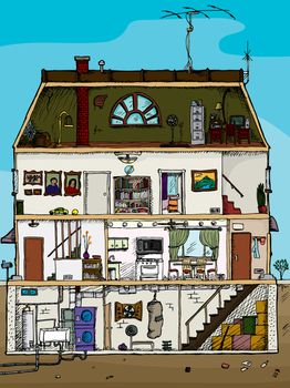 3-story old house cartoon cross section with basement