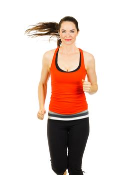 A fit happy, beautiful woman doing aerobic workout. Isolated over white.