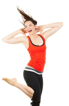 A happy, beautiful fit woman doing aerobics. Isolated over white.