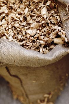 burlap sack of shavings, close up