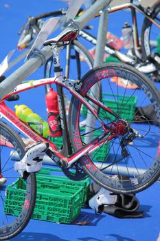 Transition space with athlet bicycles and equipment at the 2012 International Geneva Triathlon, Switzerland.