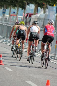 Group of unidentified female cyclists at the 2012 International Geneva Triathlon, Switzerland.