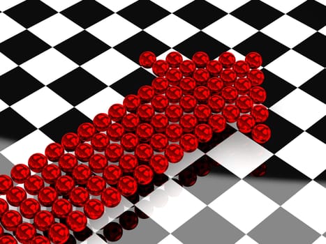 Red arrows consisting of small metal balls