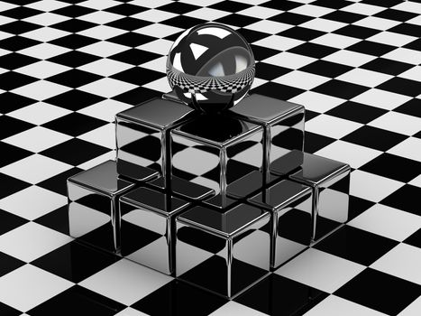 The metallic ball on the metallic cubes