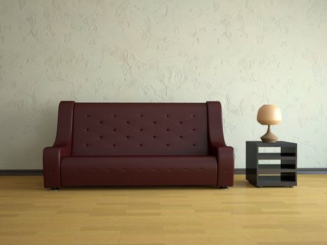 Interior of a room with a red  leather sofa 