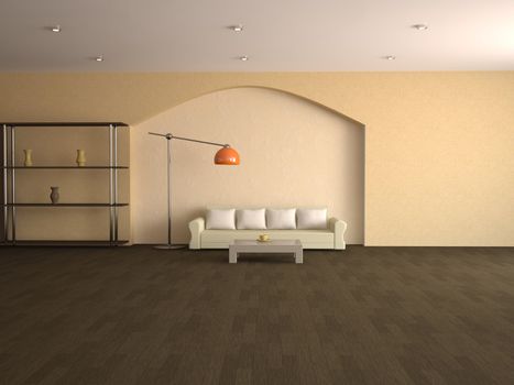 Interior of a room with a sofa and table