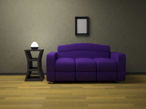 Interior of a room with a sofa and the lamp