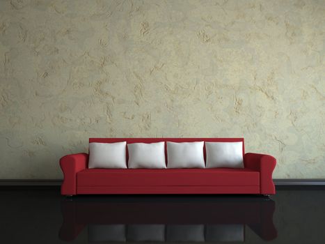 Interior of a room with a red sofa 
