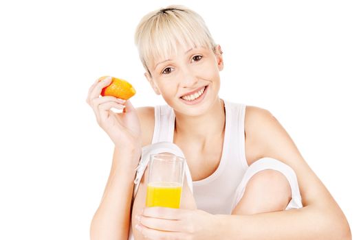 Happy woman with fresh pressed orange juice, isolated on white