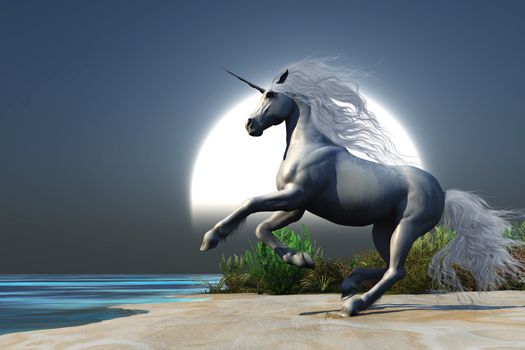 A magical white unicorn prances onto a beach at the time of the full moon rising.