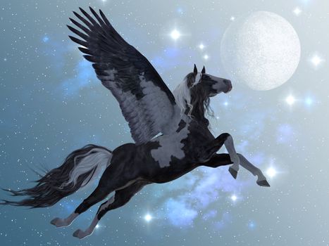 A beautiful black and white Pegasus flies up into the sky on long feathered wings.