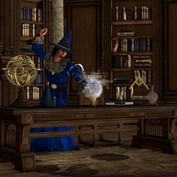 A wizard makes a magic potion brew in his library full of books.