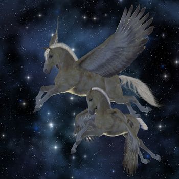 A Palomino Pegasus mare and foal fly among the stars on magical wings.