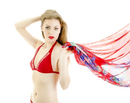 Woman in red swimsuit with pareo. Isolated on white.