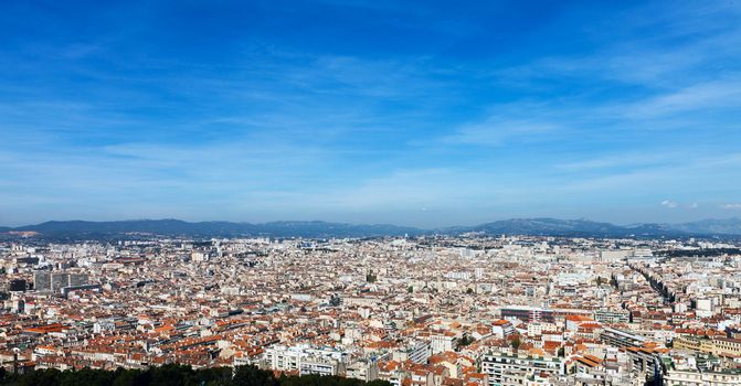 Panoramic aerial view on Marseille from mountain, France