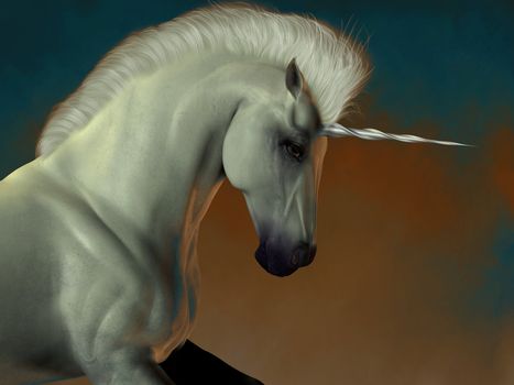 A white unicorn stallion of folklore prances showing his strength and power.