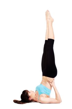 Young woman doing fitness exercises, isolated on white