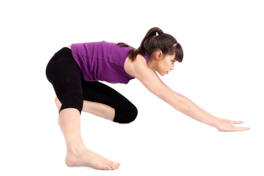 Young woman doing fitness exercises, isolated on white