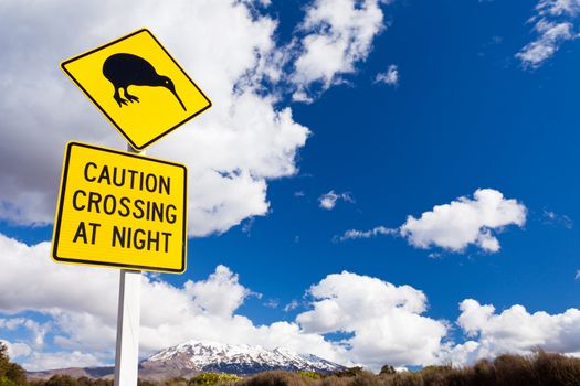 New Zealand Road Sign Attention Kiwi Crossing at road near active volcano of Mount Ruapehu in Tongariro National Park