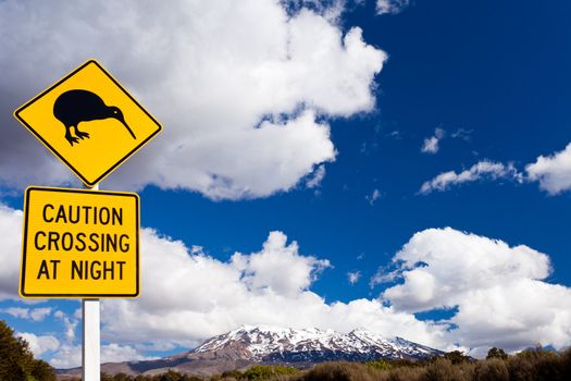 New Zealand Road Sign Attention Kiwi Crossing at road near active volcano of Mount Ruapehu in Tongariro National Park