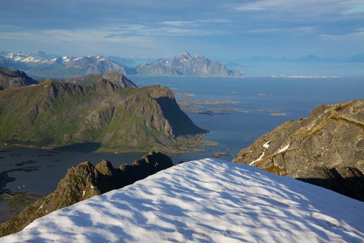 Mountains and fjords along norwegian coastline on Lofoten islands north of arctic circle