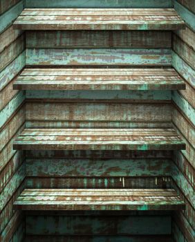 Four Wood Shelf on Green Wood Wall