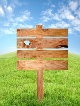 wooden signboard  with meadow and blue sky 