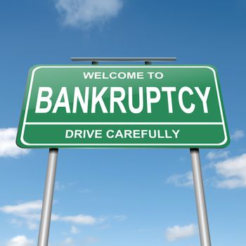 Illustration depicting a green roadsign with a bankruptcy concept. Blue sky background.