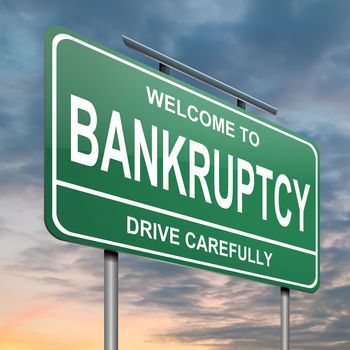 Illustration depicting a green roadsign with a bankruptcy concept. Cloudy sunset background.