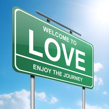 Illustration depicting a green roadsign with a love concept. Blue sky background.