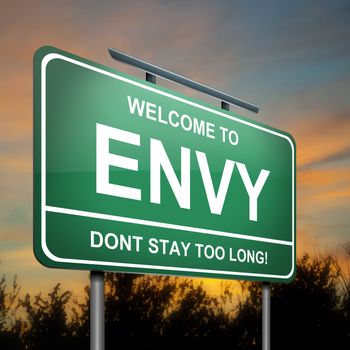 Illustration depicting a green roadsign with an envy concept. Dramatic sky background.