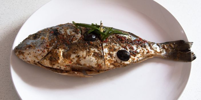 Gilthead seabream nicely marinated waiting on a plate ready for barbecue