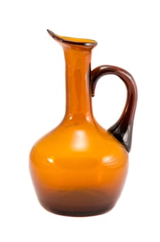 Jug vase made of yellow brown glass isolated on white background.