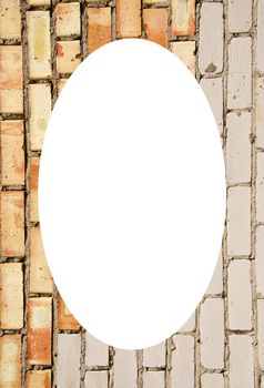 Wall made of red and white brick. Architectural decision. Isolated white oval place for text photograph image in center of frame.