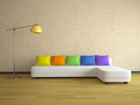 Interior of a room with a sofa and the lamp