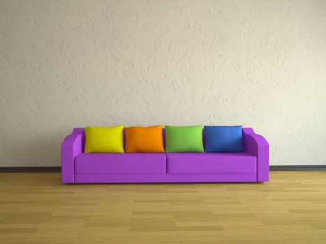 Interior of a room with a violet sofa 