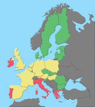 Vector illustration of Europe and EU colored by debt as % of GDP with clipping paths